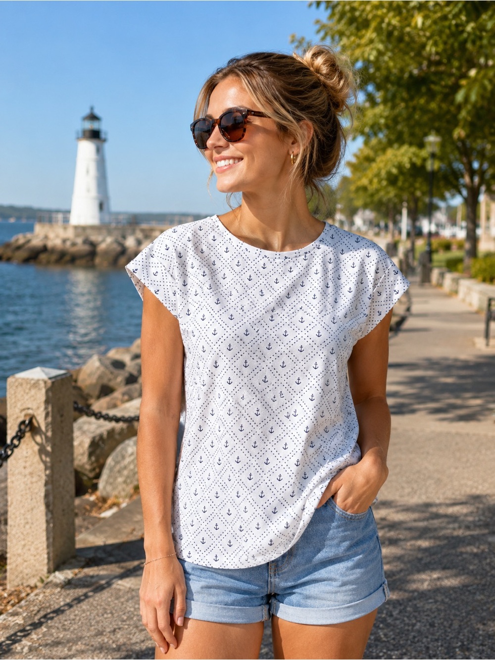 Helly Hassan Women’s Large White Anchor Print Cap-Sleeve Top